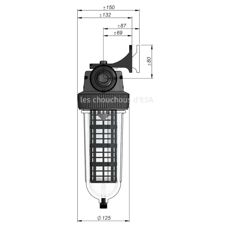 Encombrement de profil du filtre DUO NW25 CTN Cintropur