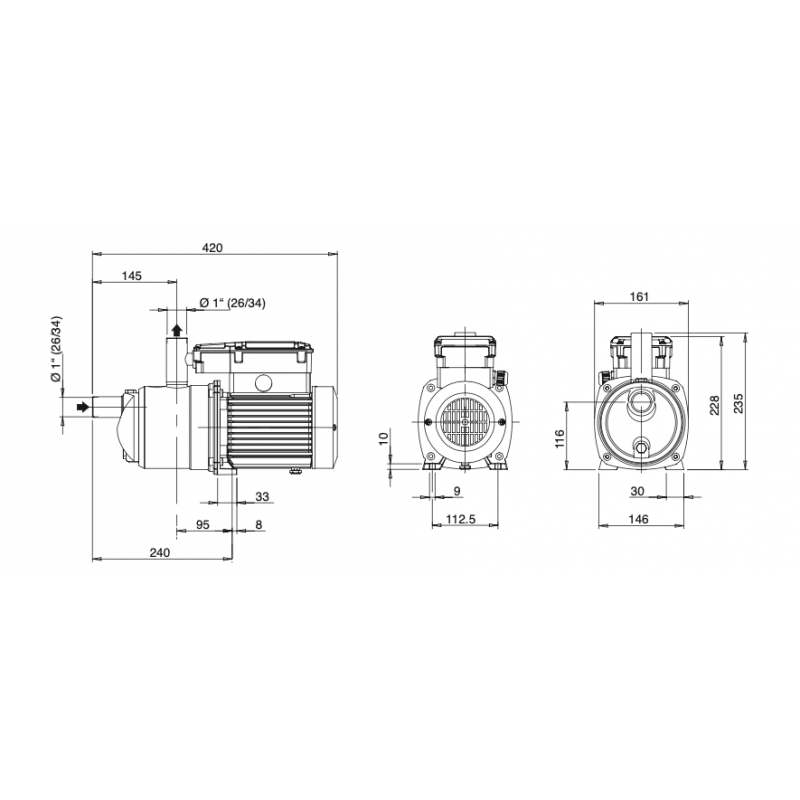 Le dimensions de la pompe de surface E-NGXM3-100-PCD Calpeda