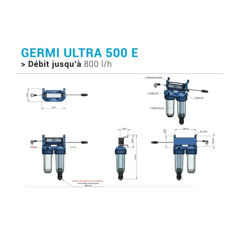 Encombrement de Germi Ultra 500 E pour désinfection par UV C de l'eau