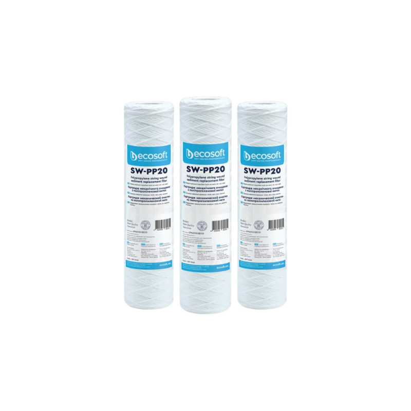 Lot de 3 filtres bobinés 10 pouces en 1, 5, 10 ou 20 microns Ecosoft pour filtrer l'eau