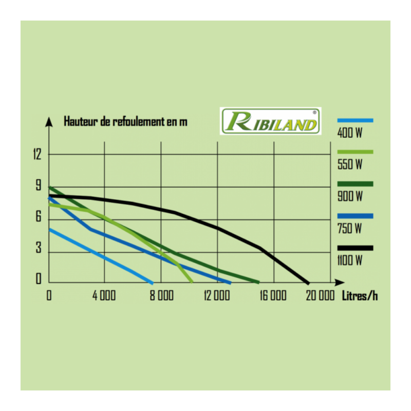 Graphique des performances de la pompe vide-cave 550W Ribiland