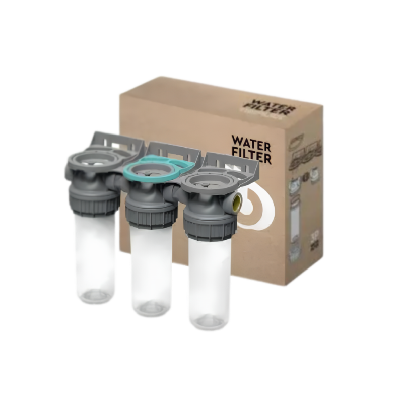 Lot de 3 portes-filtres 9¾ pouces Ecosoft à côté de leur boîte