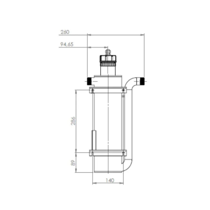 Schéma des dimensions du réacteur UV Germi UVPLUS W60 de côté