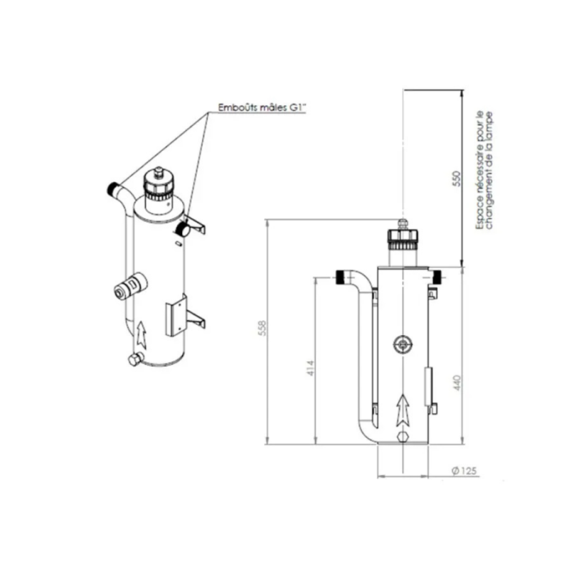 Schéma des dimensions du réacteur UV Germi UVPLUS W60