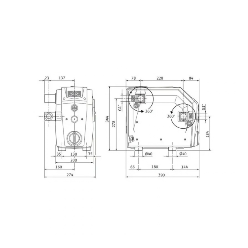 Schéma des dimensions du surpresseur Wilo Isar Boost 5